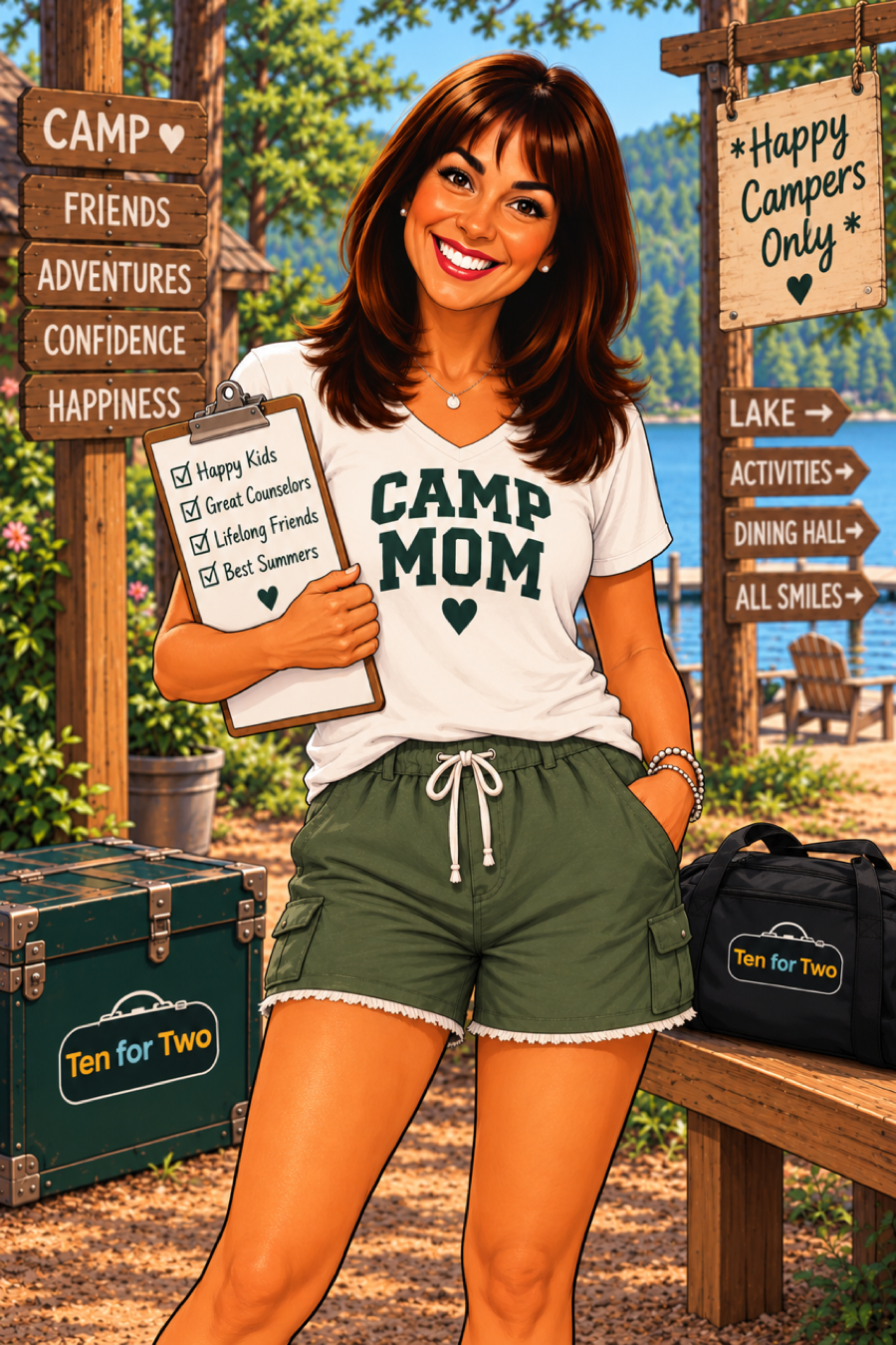 Illustration of Geri, the camp mom behind Ten for Two, with her camp checklist