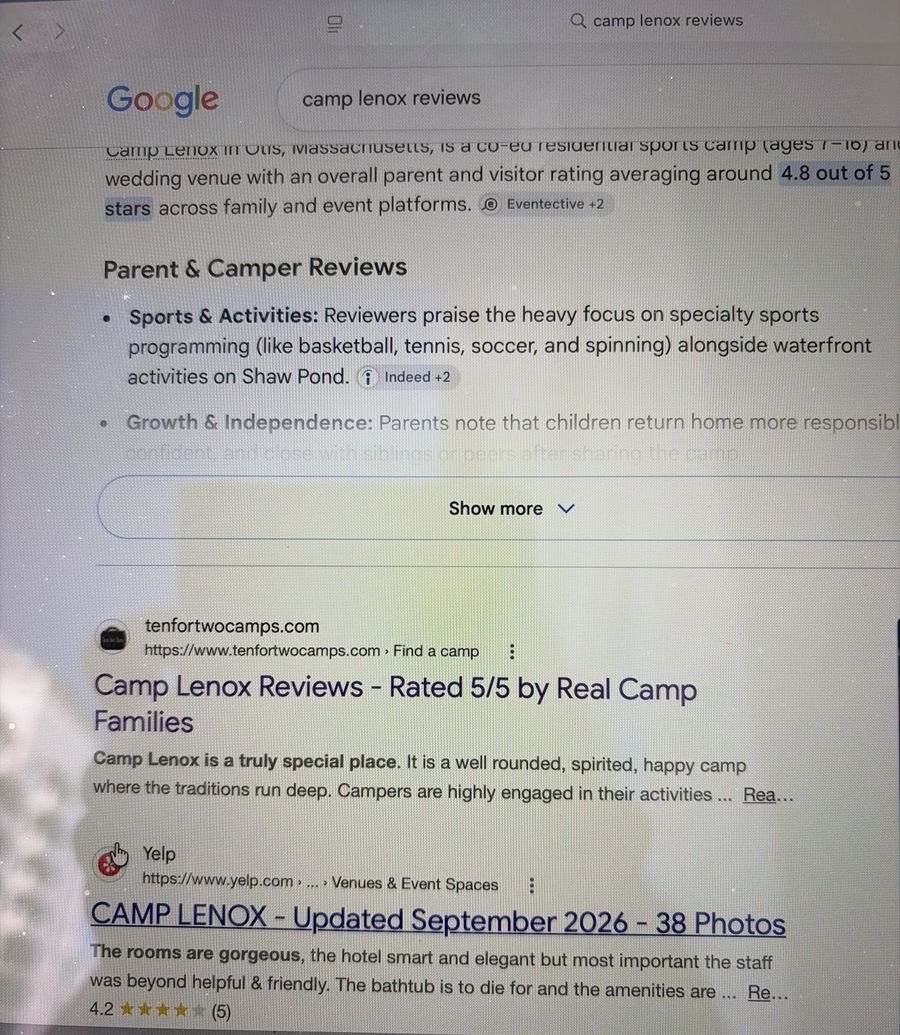 Google results for camp lenox reviews: Google's AI summary, then Ten for Two's Camp Lenox page as the first result