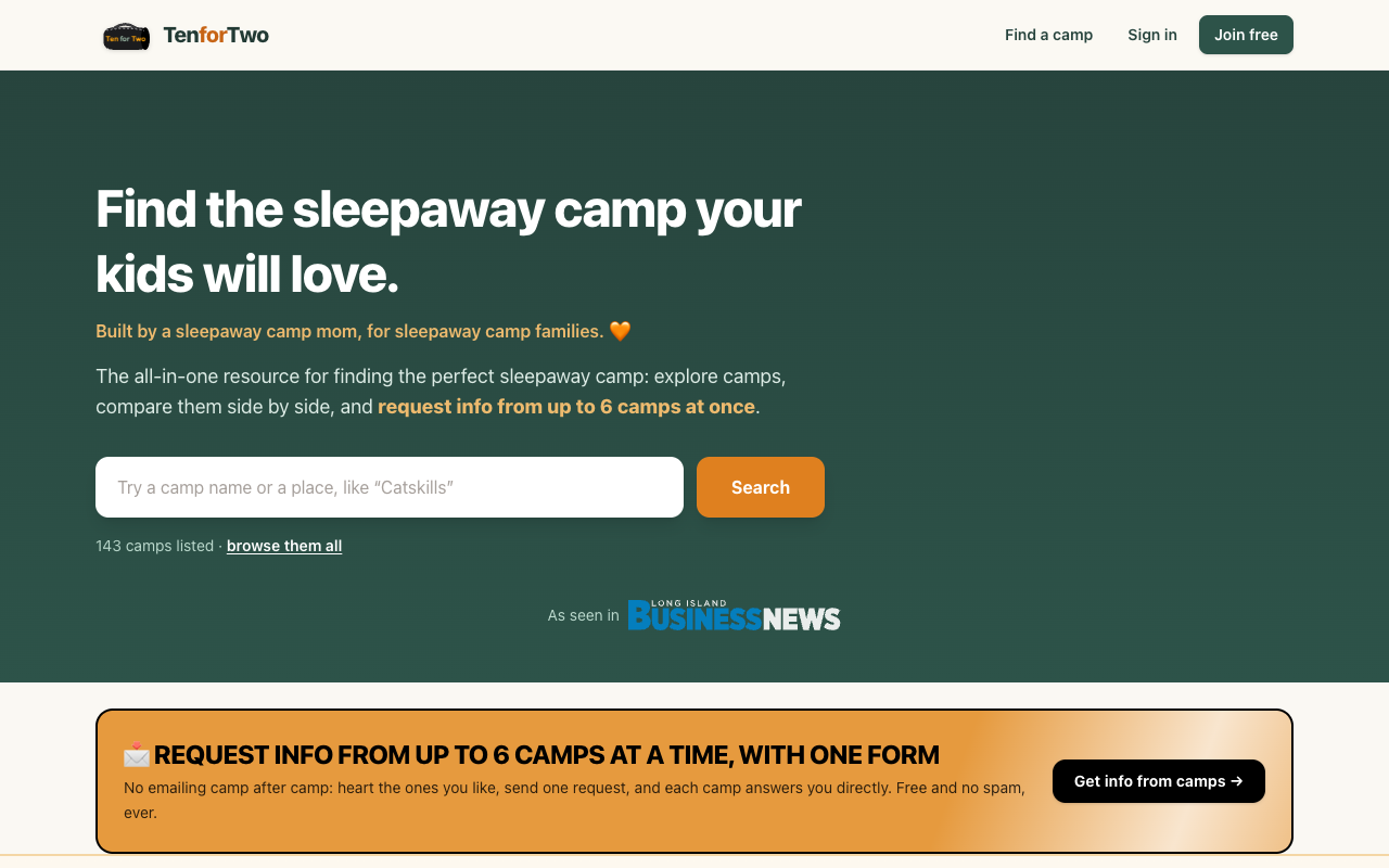 Screenshot of the Ten for Two homepage